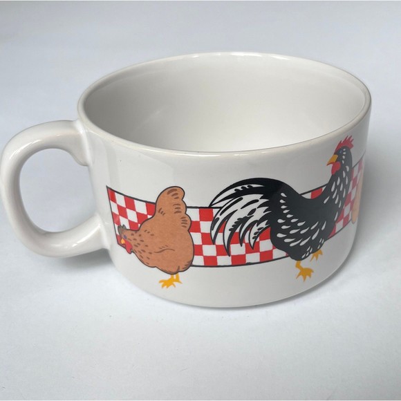 Ceramic Chicken/Rooster Soup Mugs Bowl With Handle Farmhouse Checkered Red - Picture 3 of 10